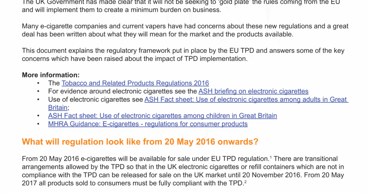 The impact of the EU Tobacco Products Directive on e cigarette