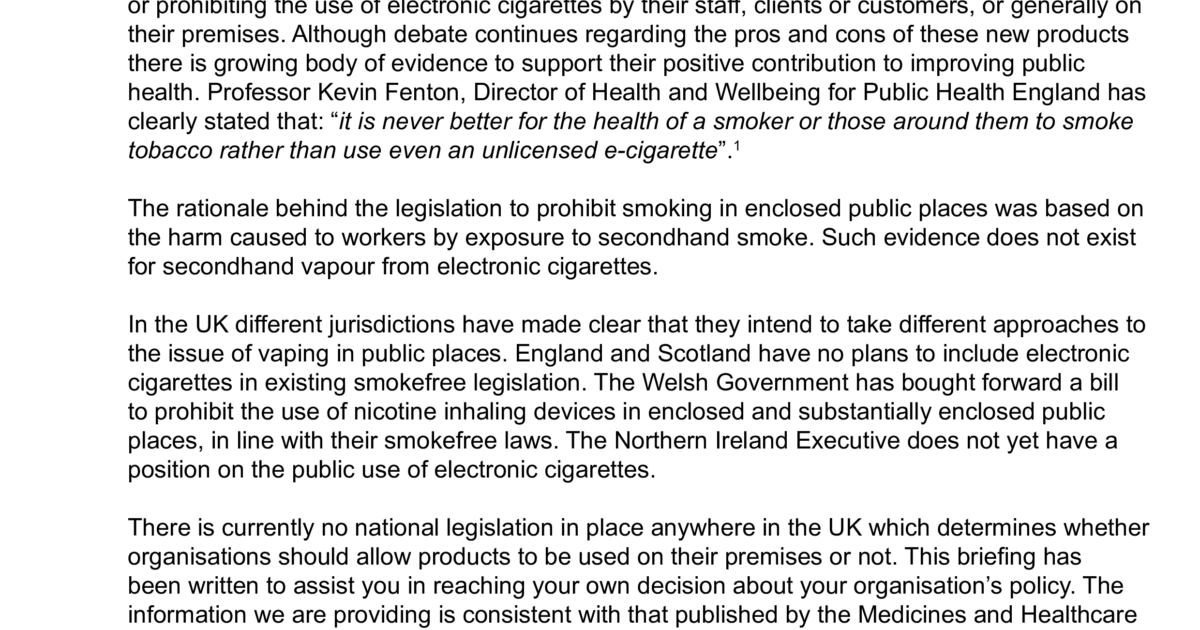 Will you permit or prohibit e cigarette use on your premises ASH