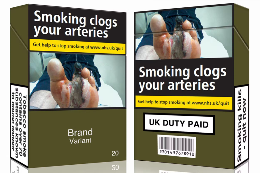 Generic standard cigarette packaging with small brand name, health warning 'Smoking clogs your arteries', medical image and olive green background colour