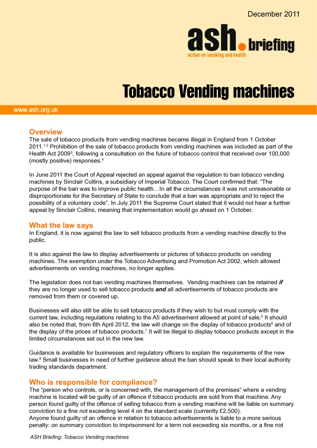 Tobacco vending machines - ASH