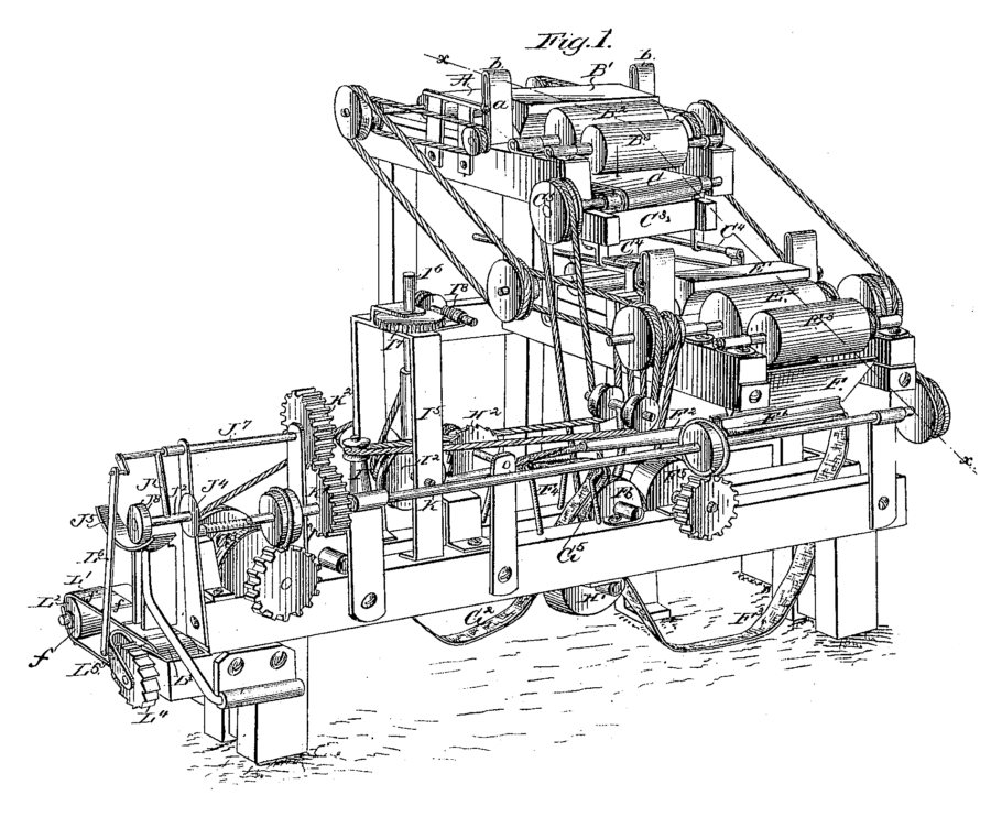 James Albert Bonsack's cigarette rolling machine, invented in 1880 and patented in 1881.